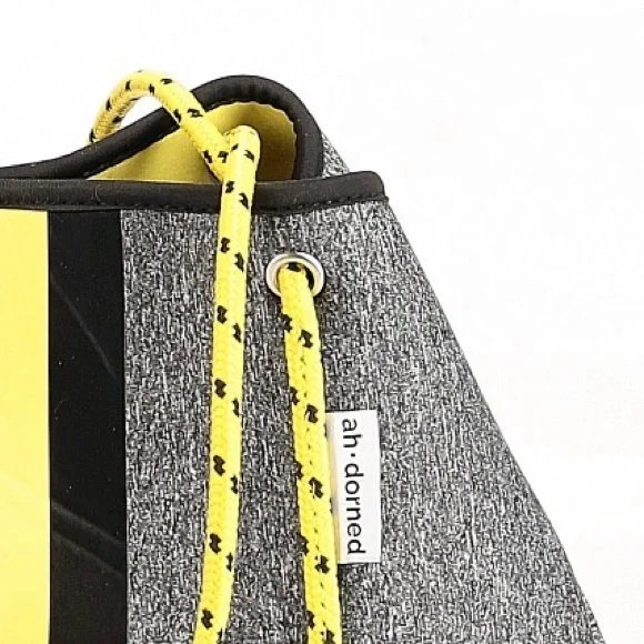 AH-DORNED ~ Large Gray Bag w/Yellow Racing Stripe Bungee Cord Style Handle - Picture 3 of 13